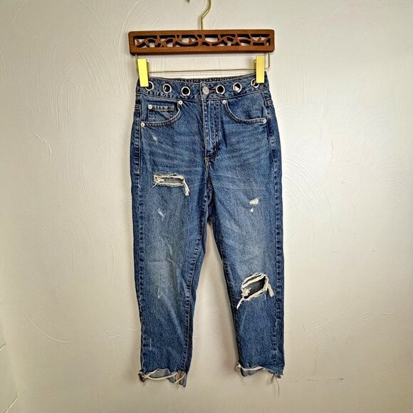 Garage Denim Blue Jeans Grommet Waist Band Distressed Straight Leg Raw Hem 90s - Picture 1 of 8